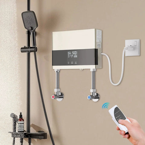 Mini Tankless Water Heater Electric 4000W 110V Instant Hot Water On Demand Space Saving Design mounted on wall with remote.