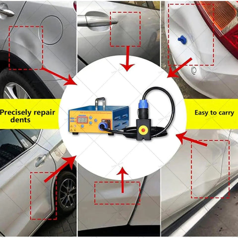 Portable Car Dent Fix Kit With Induction Heating And Digital Display PDR Puller For Minor And Deep Dents, tool in use on car dents