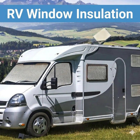 RV with reflective window insulation blocking sunlight; durable double reflective aluminum foil window film for summer protection.