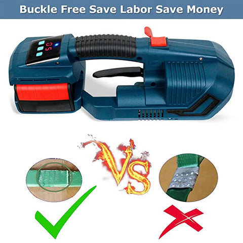 Plug And Play Cordless Strapping Machine That Quickly Seals And Locks Down 13 To 19 Mm Pp Pet Shipping Straps with display and handle