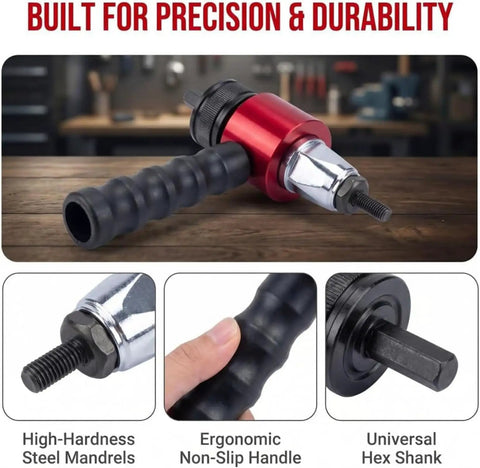 Electric Rivet Gun Adapter Kit M3 to M8 with ergonomic handle and hex shank for automotive repair and DIY projects