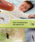 Collage showing a child safe from insects, close-ups of mosquitoes on Pro Grade Heavy Duty 48x118 Inch Window Screen Mesh For Patio And Door Replacement Made From 18x16 Tight Weave Fiberglass With Breathable Mosquito Net DIY Adjustable Screen Repair Kit Pet Proof Black.