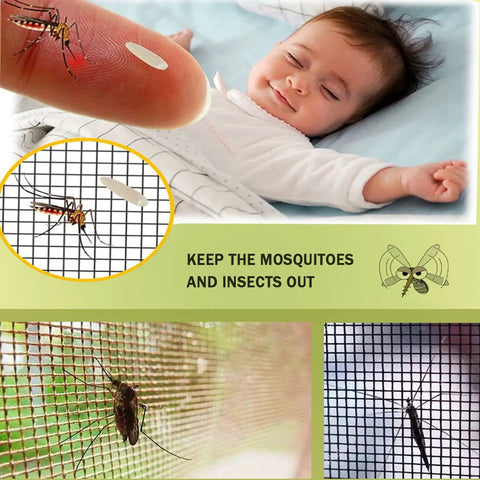 Collage showing a child safe from insects, close-ups of mosquitoes on Pro Grade Heavy Duty 48x118 Inch Window Screen Mesh For Patio And Door Replacement Made From 18x16 Tight Weave Fiberglass With Breathable Mosquito Net DIY Adjustable Screen Repair Kit Pet Proof Black.