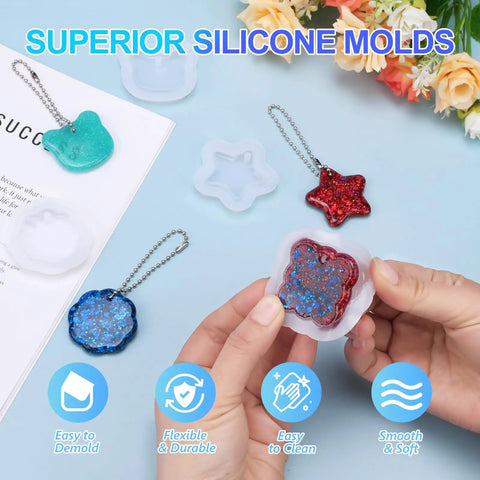 Hands holding mold from UV Resin Jewelry Making Kit With 200g Crystal Clear Resin Flexible Molds Glitter Powder Portable UV Lamp