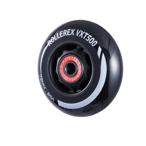 VXT500 Inline Skate Wheels 4 Pack With Optional Bearings Spacers And Washers Durable Replacement Roller Blade Wheels For Indoor And Outdoor Skating 72mm Steel Black, single wheel angle view