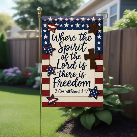 Patriotic Christian Garden Flag 12x18 Inch Double Sided Front Yard Decor With Bible Verse Where The Spirit Of The Lord Is There Is Freedom