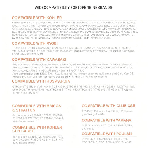 Wide compatibility list for engine brands including Kohler, Ryobi, Kawasaki, Husqvarna, Briggs & Stratton, Club Car, Yamaha, and more.