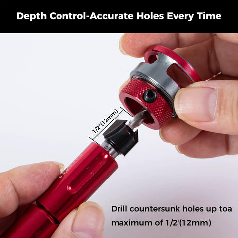 Adjusting depth stop on 9 Piece Countersink Drill Bit Set With Two Flute TCT Alloy Tapered Bits, 1/4 in Hex Shank, for DIY use.
