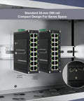 16 Port Gigabit Ethernet Switch for Industrial Use, mounted on DIN rail, showing 10/100/1000Mbps ports, aluminum IP40 housing.