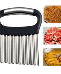 FANTEXY large stainless steel crinkle cutter with black handle for making wavy fries and crinkle-cut vegetables.