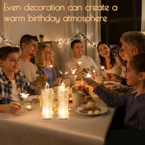 Family gathered around table with Two Pack LED Flameless Candles With Realistic Flicker Flame for festive birthday atmosphere