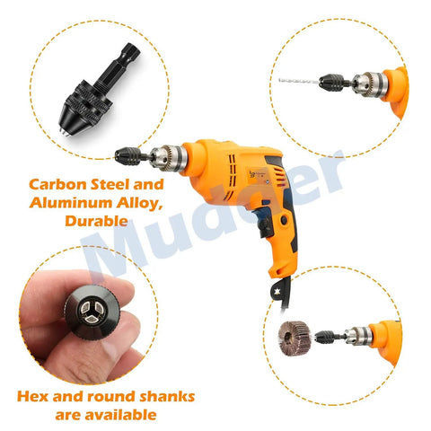Keyless Drill Chuck Set Four Pieces For Cordless Drills One Quarter Inch One Eighth Inch One Sixteenth Inch Hex And Round Shanks Quick Change Adapters For Easy Tool Swaps No Fuss And Fast Drilling Or Grinding Tasks