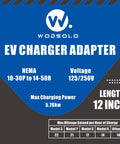 Beefy Heavy Duty NEMA 10-30P to NEMA 14-50R EV Charger Adapter With Handle, 12 Inch STW Cord, specs on blue background