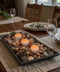 Small Real Wax Flameless Candles with Silver Glitter, LED Flicker, Battery Included, 3 Pack on a stone-filled tray on table.