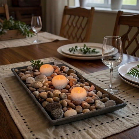 Small Real Wax Flameless Candles with Silver Glitter, LED Flicker, Battery Included, 3 Pack on a stone-filled tray on table.