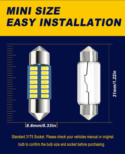 3175 Led Festoon Bulbs 31mm 1.22in 12V Ultra Bright 6000K White Interior Lighting Kit diagram with dimensions and installation guide.
