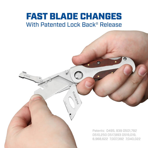Heavy Duty Hardwood Folding Utility Knife With Foolproof Quick Swap Blades And Grip Tight Lock Back Design, demonstrating fast blade change.