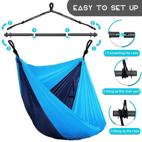 Ultra Portable Hammock Chair For Indoor And Outdoor Use Great For Chill Time Go Anywhere Hanging Swing Made From Lightweight Nylon Parachute Collapsible Seat Supports Up To 500 Lbs Ideal For Backpacking Travel Camping Backyard Patio Hiking Navy Blue, easy setup instructions with blue design.