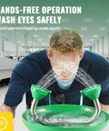 Person using Emergency Wall Mount Eyewash Station OSHA Approved Rugged 304 Stainless Steel Plumbing Eyewash Unit For Industrial Lab Use With 12 Liters Per Minute Flow And Durable One Half Inch Inlet One And One Quarter Inch Outlet