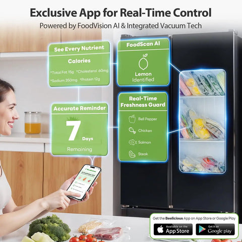 Woman using phone app for food freshness control next to refrigerator with vacuum-sealed food compartments.