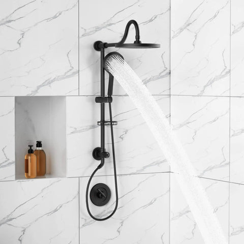 9 Inch Rainfall Shower Head And Handheld Combo System With Slide Bar In Matte Black, No Fuss 30 Minute Install, Integrated Diverter And Soap Dish, Spa Like Shower Experience on marble wall