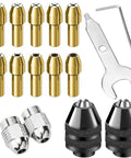 Go-To 16 Piece Drill Chuck Collet Set For Dremel Rotary Tools 1/32 Inch To 1/8 Inch Shank Size Brass Collets Quick Change Keyless Replacement