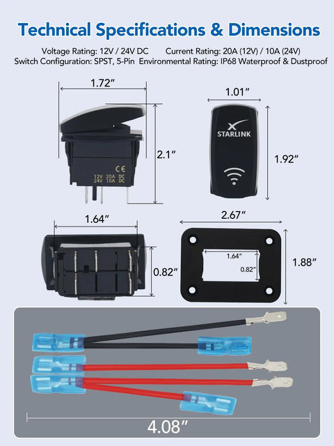 Rocker Switch With Aluminum Mounting Panel, IP68 Waterproof Five Pin SPST On Off Toggle, 20A 12V And 24V, Jumper Wires Included
