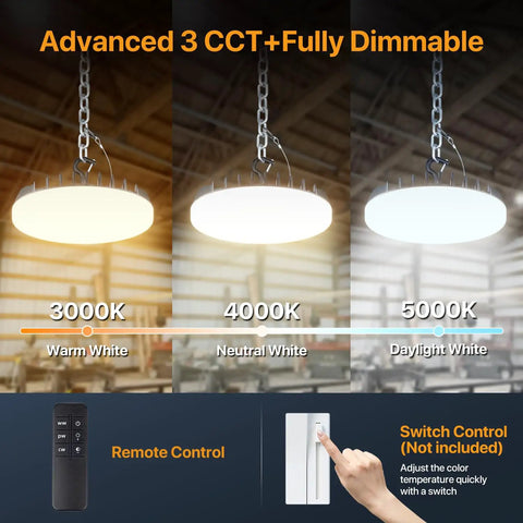 UFO LED High Bay Light 150W 18000LM With 3 CCT Adjustable showcasing warm, neutral, and daylight modes with remote control.