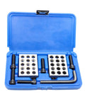 Pair of 1x2x3-inch ultra-precision parallel blocks with 23 holes in a blue case, with screws