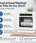 Heavy Duty Countertop Dishwasher With No Plumbing Required Setup And Four Auto Wash Programs Built Like A Tank For Small Spaces Or Dorm Life Durable Black Finish Keeps Up With Your Daily Cleaning Hustle Rinse Faster Save Space front view with clean dishes inside.