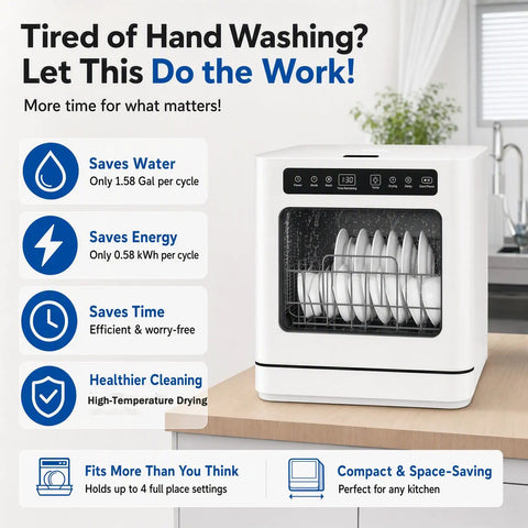 Heavy Duty Countertop Dishwasher With No Plumbing Required Setup And Four Auto Wash Programs Built Like A Tank For Small Spaces Or Dorm Life Durable Black Finish Keeps Up With Your Daily Cleaning Hustle Rinse Faster Save Space front view with clean dishes inside.