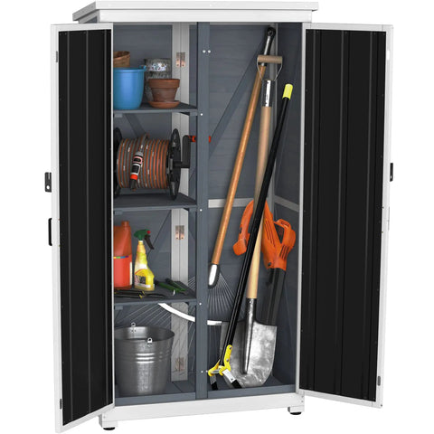 Backyard Outdoor Storage Cabinet Made From Wood And Metal Garden Shed With Weatherproof Roof And Lockable Doors 66 Inch Wide