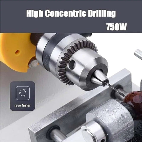 Industrial Grade 750W Mini Table Saw Featuring Integrated Polisher With Rapid Speed Knob Delivers Hella Accurate bench lathe function showing high concentric drilling.