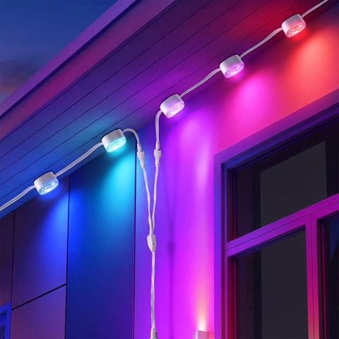 Heavy Duty All Season Extension Cable Set 6 Pack Featuring Three Y Branch Plugs And Three Sixteen Foot White Leads illuminated on wall.