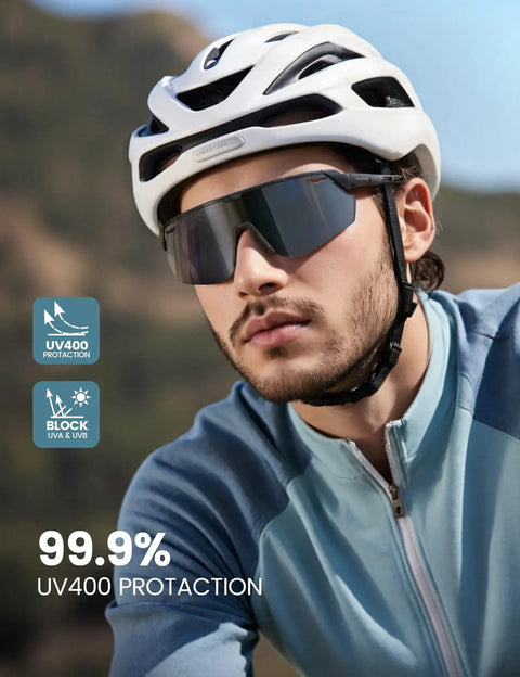 Ultra Lightweight Polarized Sports Shades For Men And Women 24g TAC HD UV400 Protection Adjustable Nose Pads Perfect For Cycling Running Fishing Golf Beach Driving And More worn by a cyclist