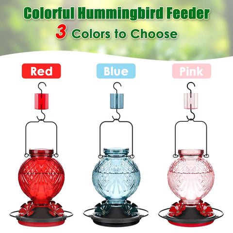 Glass Hummingbird Feeder 20oz Hanging Outdoor Bird Nectar Feeder With Four Bee Guard Flower Ports, shown in red, blue, pink.