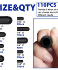 All In One Vacuum Caps Kit For Automotive Hoses And Vacuum Lines 110 Piece Rubber Plugs Set With 9 Sizes labeled and shown.