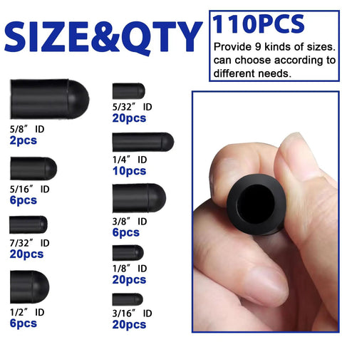 All In One Vacuum Caps Kit For Automotive Hoses And Vacuum Lines 110 Piece Rubber Plugs Set With 9 Sizes labeled and shown.