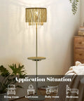 Cozy Boho Birch Wood Beaded Floor Lamp With USB Type C Port And Outlet, 58 Inch Tall Reading And Side Table Lamp in bedroom