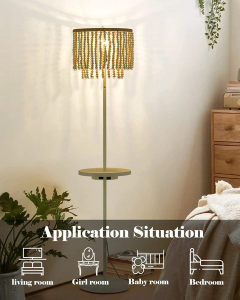 Cozy Boho Birch Wood Beaded Floor Lamp With USB Type C Port And Outlet, 58 Inch Tall Reading And Side Table Lamp in bedroom