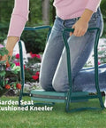 Person kneeling on Garden Kneeler And Seat Two In One Foldable Bench Stool With Tool Bag Pouch EVA Foam Pad For Kneeling Or Sitting Outdoor Gardening Essentials Easy To Use Lightweight And Sturdy Green.