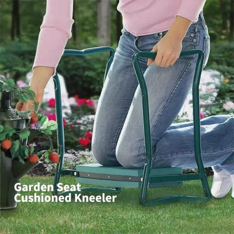 Person kneeling on Garden Kneeler And Seat Two In One Foldable Bench Stool With Tool Bag Pouch EVA Foam Pad For Kneeling Or Sitting Outdoor Gardening Essentials Easy To Use Lightweight And Sturdy Green.