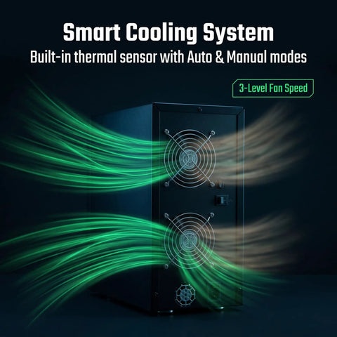 Usb 4 0 Type C Eight Bay Sata Hard Drive Enclosure with smart cooling system and thermal sensors showing airflow.