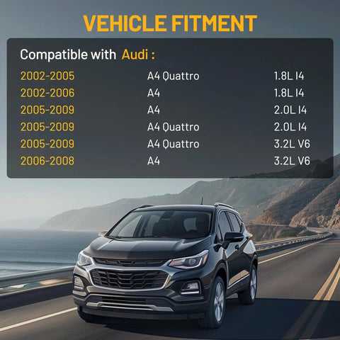 Audi vehicle fitment chart for Engine Coolant Overflow Tank 603-638 with model and engine details.