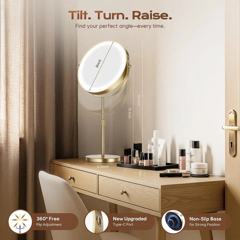 Dual Sided LED Makeup Mirror with 1X/20X Magnification on vanity desk with 360° rotation, gold color, ideal for precise makeup application.