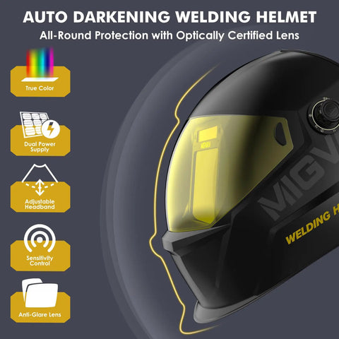 Auto Darkening Welding Helmet With True Color Clarity And Large Viewing Area, Solar Or Rechargeable Battery, Wide Shade Range Four To Thirteen, Four Arc Sensors