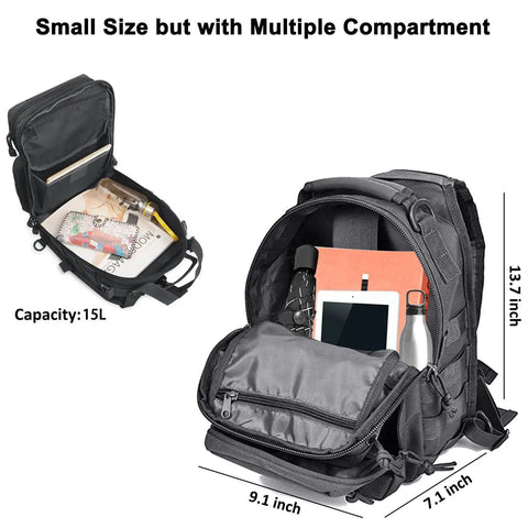Rugged Tactical Sling Bag Pack Waterproof Rucksack open showing multiple compartments with items like a tablet and bottle inside.