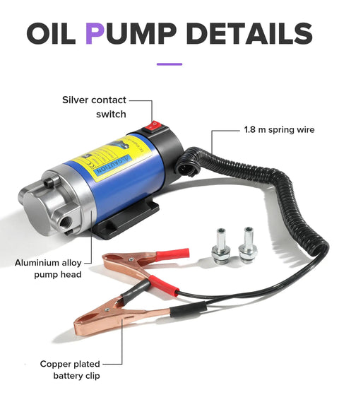 No Fuss 12V Self Priming Oil Extractor Pump Heavy Duty Transmission Fluid Suction Tool with copper battery clips and aluminum head.