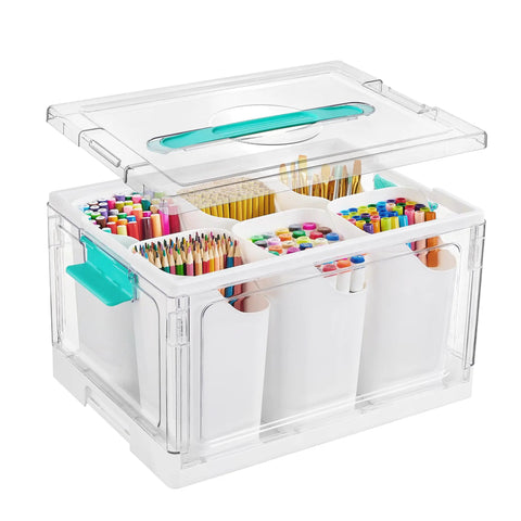 24 Quart Clear Plastic Craft Organizer With Six Detachable Inserts For Art Supplies And Tools, Big See Through Storage Box For Crayons Pencils Markers