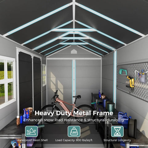 Interior view of 8x6 Ft Resin Storage Shed With Floor, Waterproof Outdoor Tool Shed, Lockable Door And Two Windows, Heavy Duty Plastic Backyard Storage For Patio Poolside Garden And Lawn.